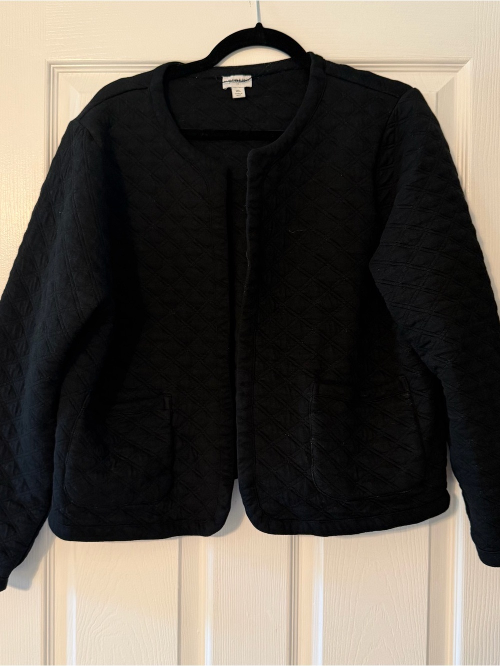 J.Crew Black Quilted Jacket XL Collarless Open Front Cotton Blend